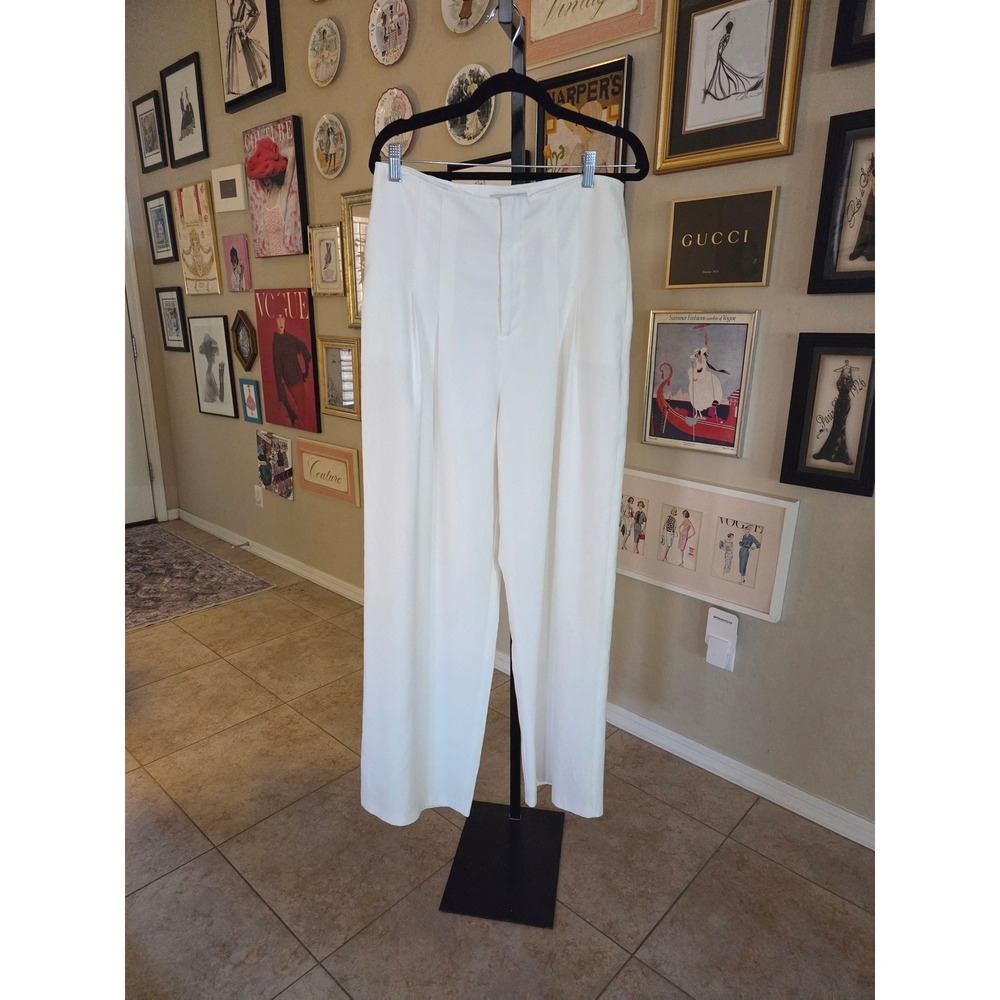 WAYF Ivory White High Waisted Wide Leg Pleated Trousers Pants Large Business - Picture 4 of 7